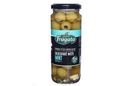 Fragata Spanish Pitted Green Olives, Seasoned with Mint  Glass Jar  330 grams